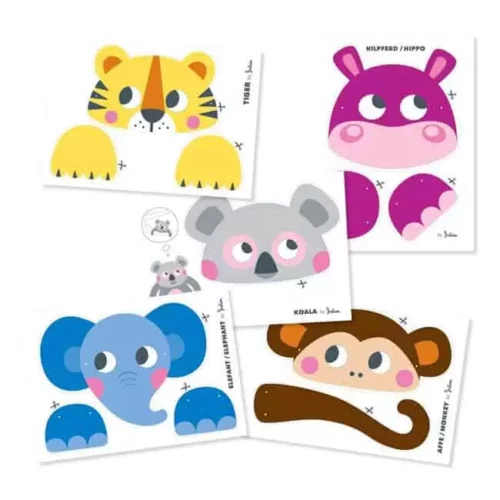 5 Tiermasken im Set: Tiger, Hippo, Elefant, Affe, Koala - phantasievolles Design für Kinder - JulicaDesign